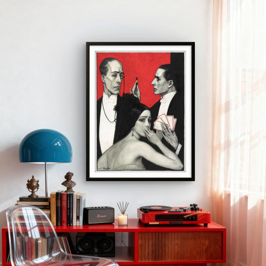 Framed artwork of three people on a red background in a room with a clear chair, blue lamp, and red floor.