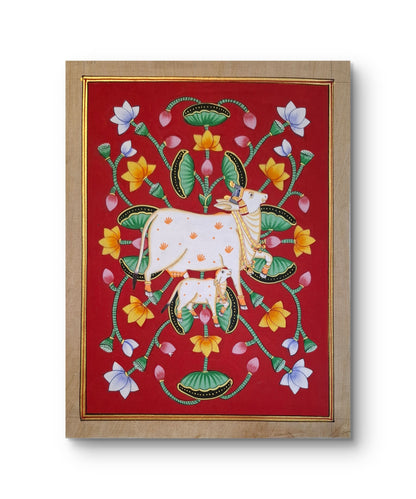 32 x 24 cms Hand-painted Pichwai Cow with Lotuses