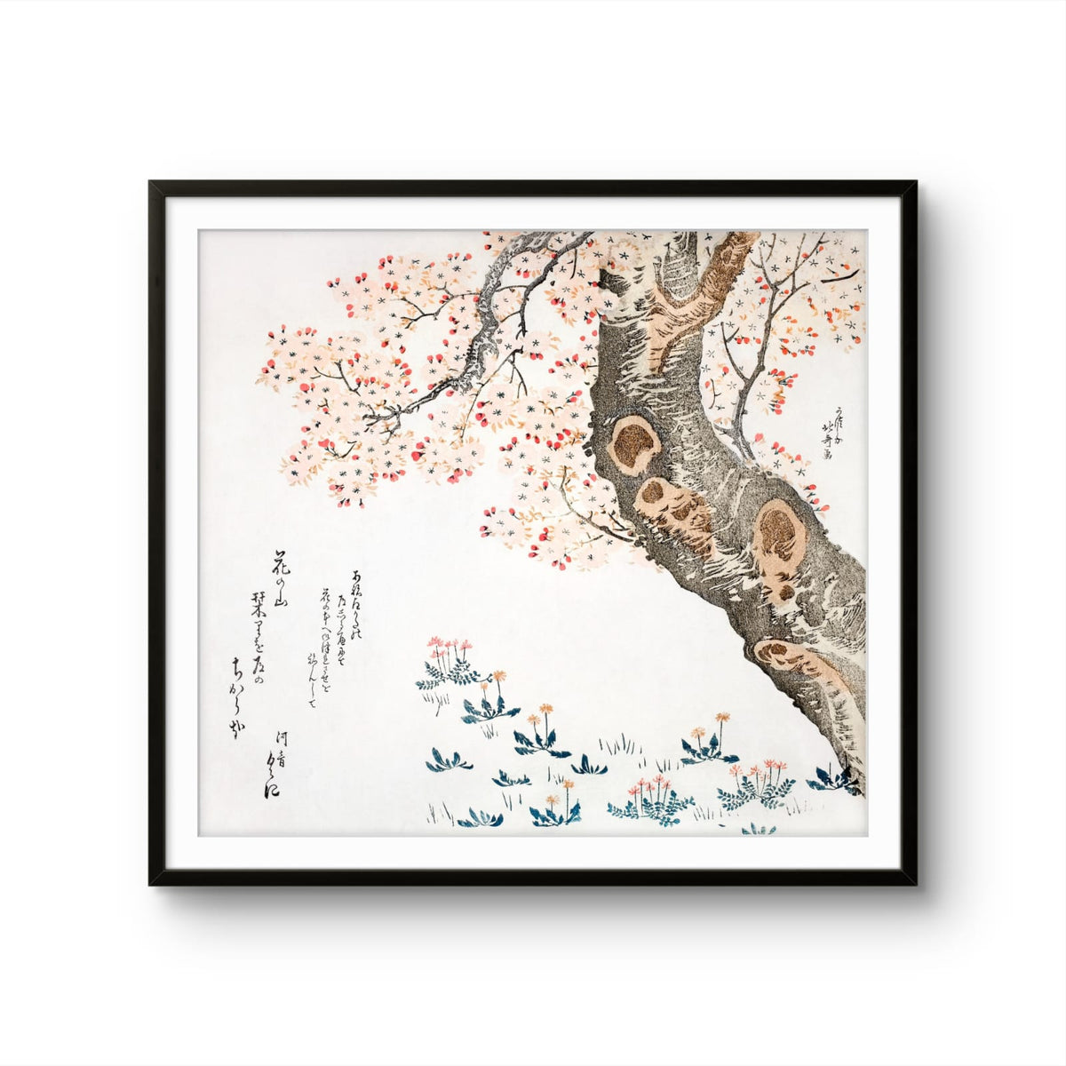 Framed artwork of a tree with pink blossoms and blue flowers on a white background