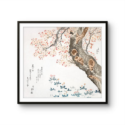 Framed artwork of a tree with pink blossoms and blue flowers on a white background