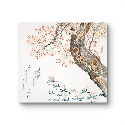 Artistic depiction of a tree with blossoms and intricate details on a white background