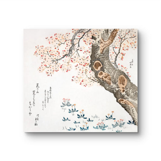 Artistic depiction of a tree with blossoms and intricate details on a white background