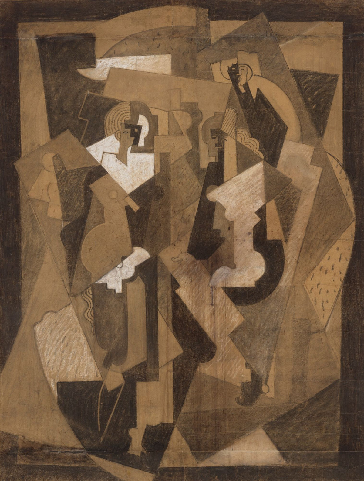 Full view of the Cubist abstract artwork with geometric figures in sepia, charcoal and ivory