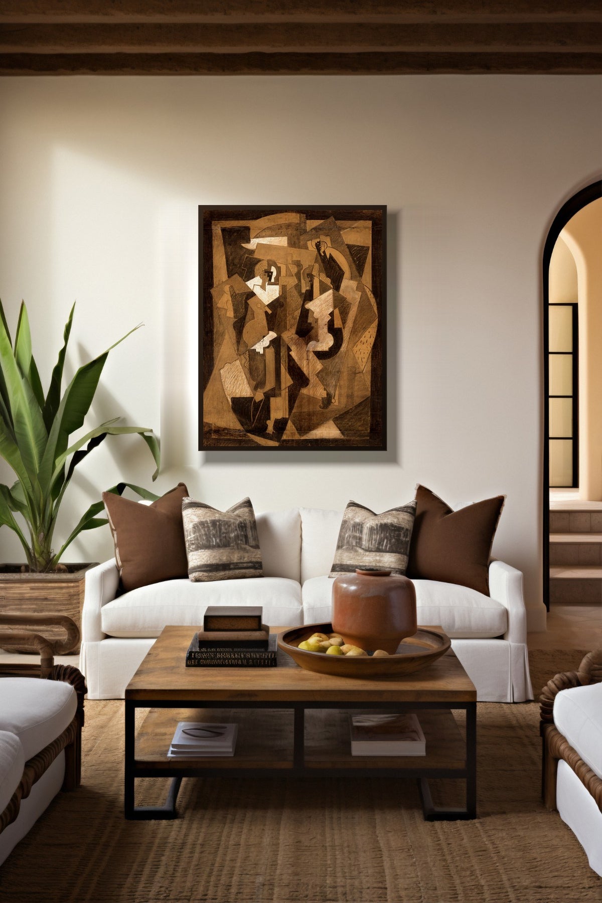 Cubist Conversations sepia abstract print framed above a white sofa in a warm living room