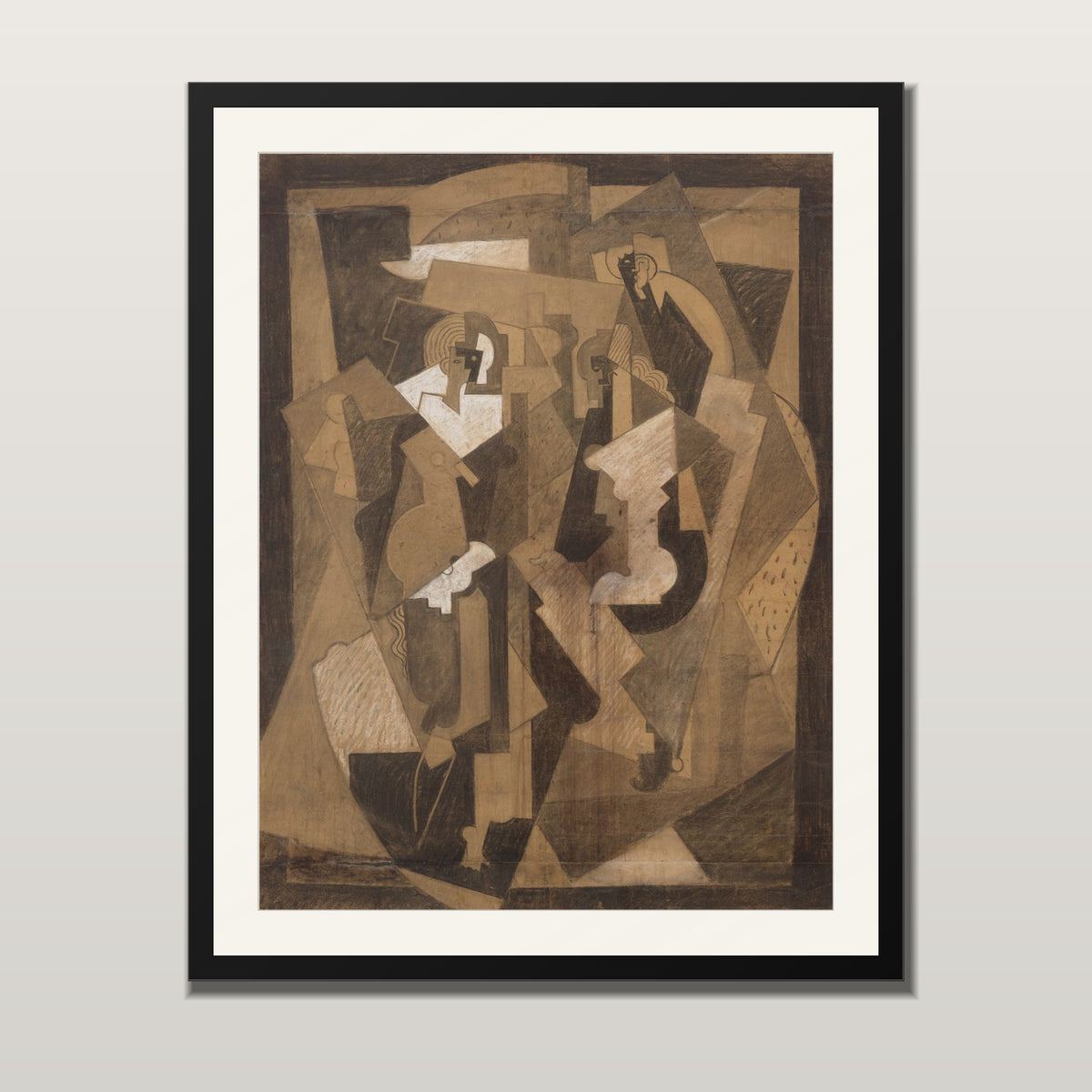 Cubist abstract art print in sepia and charcoal tones, shown in a black frame with white mount