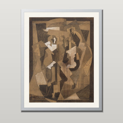 Cubist abstract art print shown in a silver metal frame