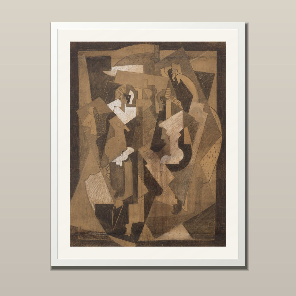 Cubist abstract art print shown in a white frame with white mount