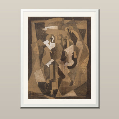 Cubist abstract art print shown in a white frame with white mount