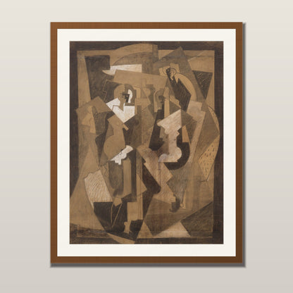 Cubist abstract art print shown in a wooden frame with white mount