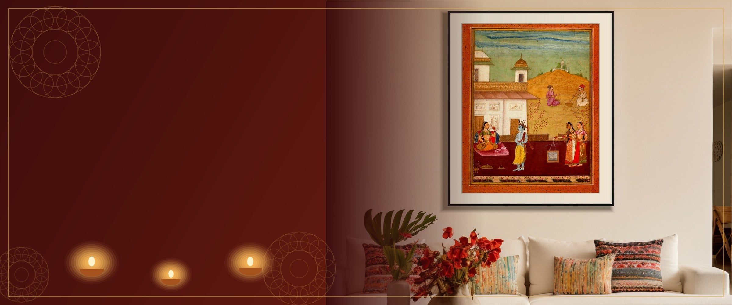 Diwali gifting – framed Indian art above a cream sofa with diyas and rangoli