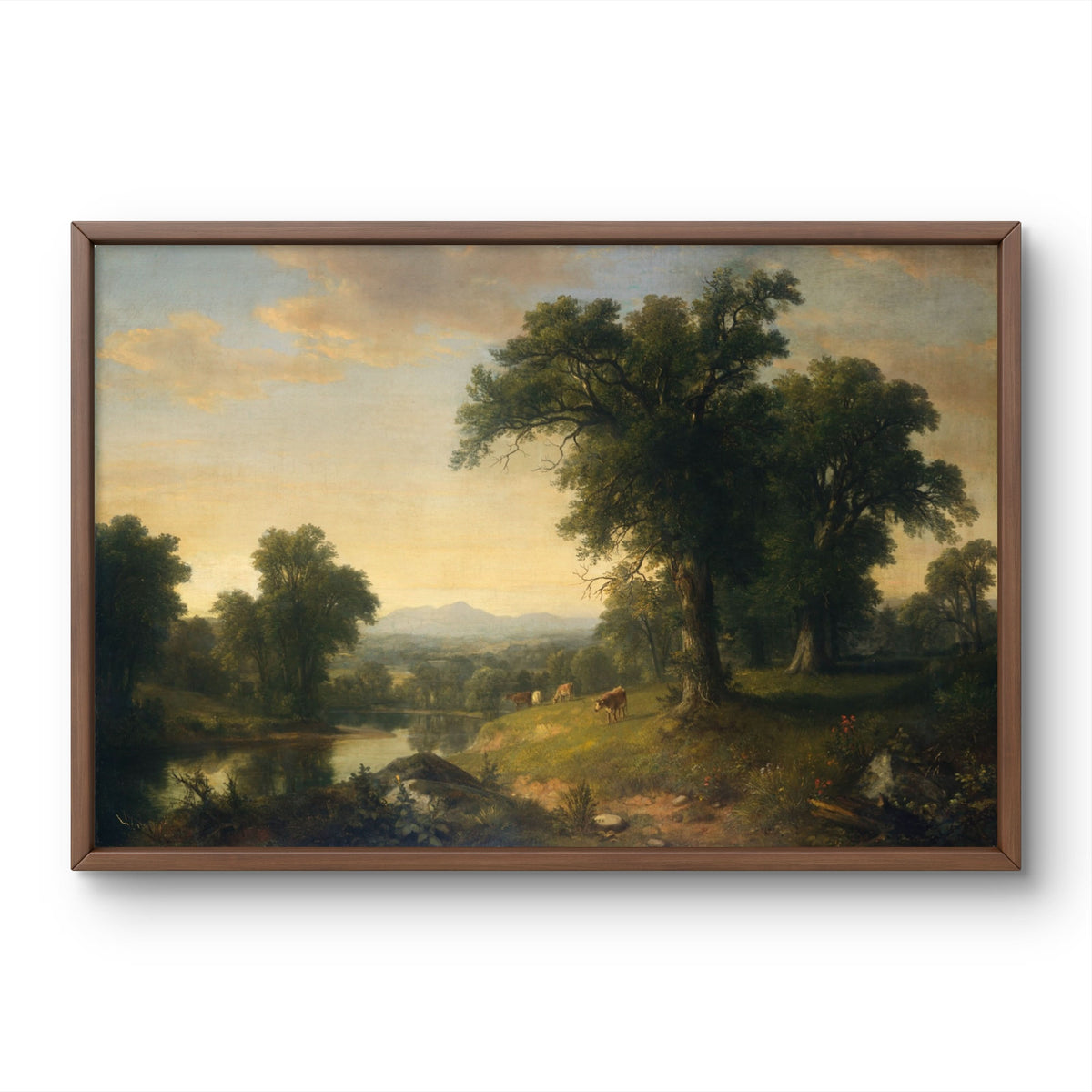 Landscape painting with trees and a lake, framed in brown.