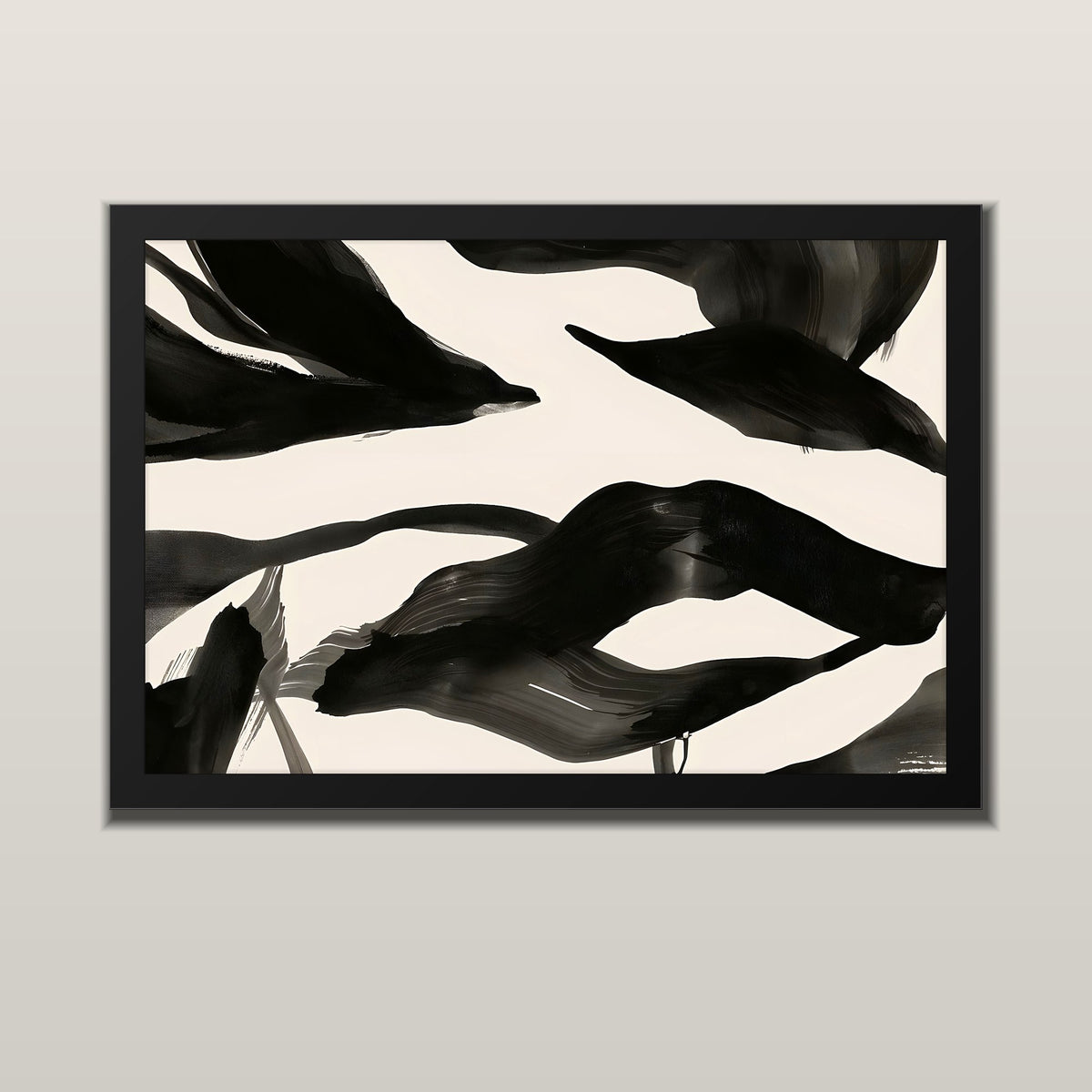 Ink Currents abstract art print with flowing black ink brushstrokes on ivory, in a black frame