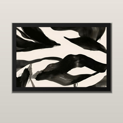Ink Currents abstract art print with flowing black ink brushstrokes on ivory, in a black frame