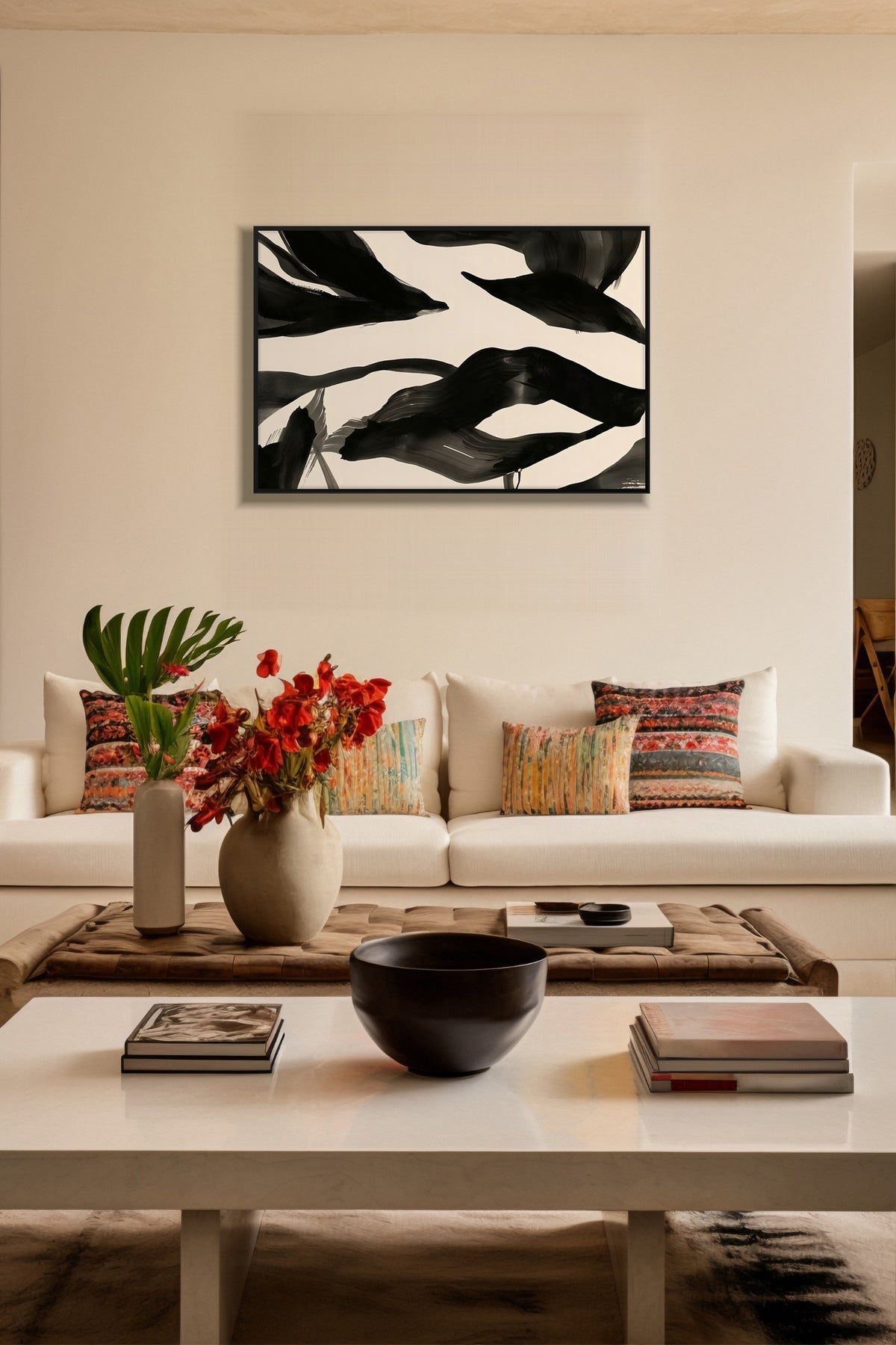 Ink Currents black and ivory abstract print in a black frame above a cream sofa with red flowers