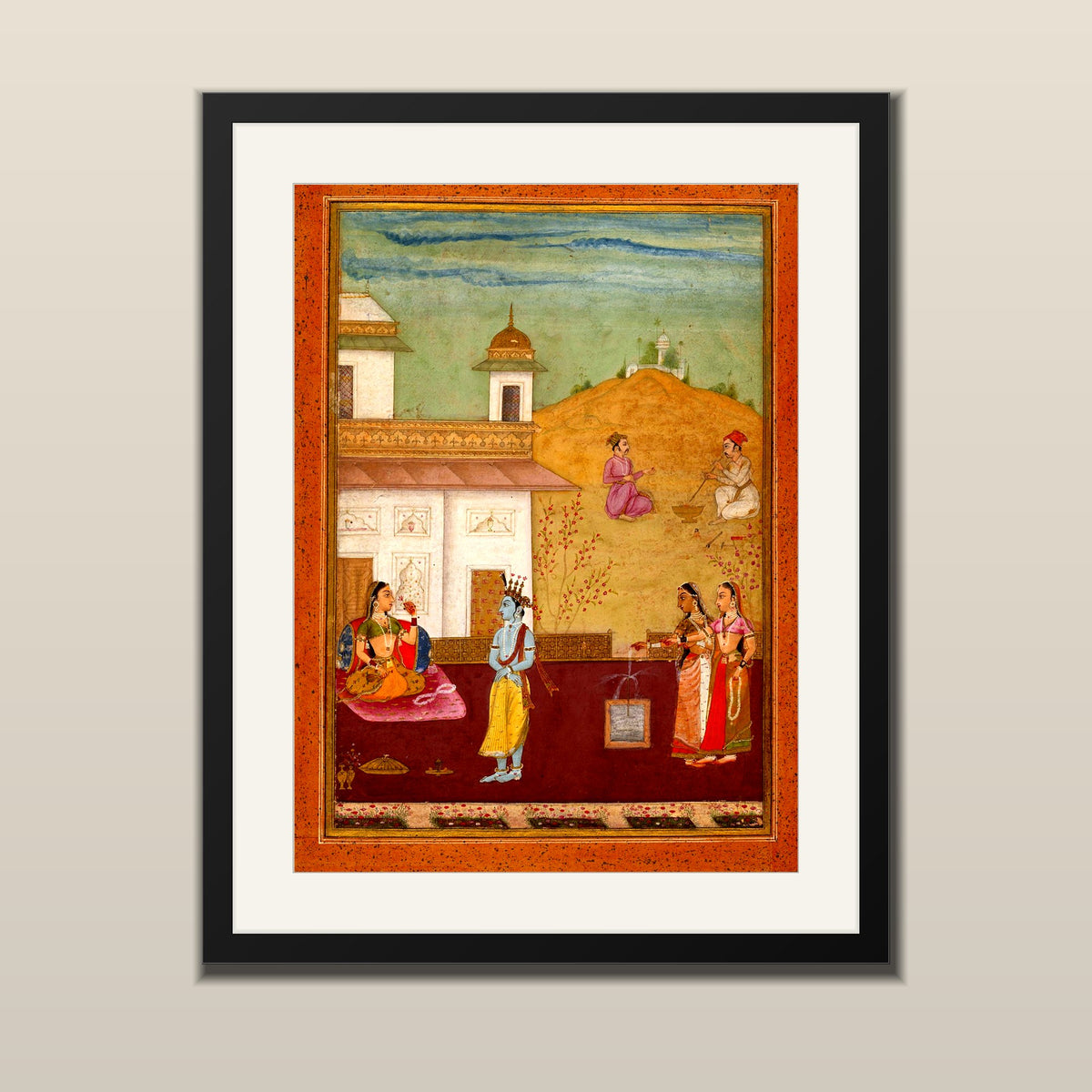 Indian miniature painting of Lord Krishna on a palace terrace with a noblewoman and attendants, in a black frame with white mount