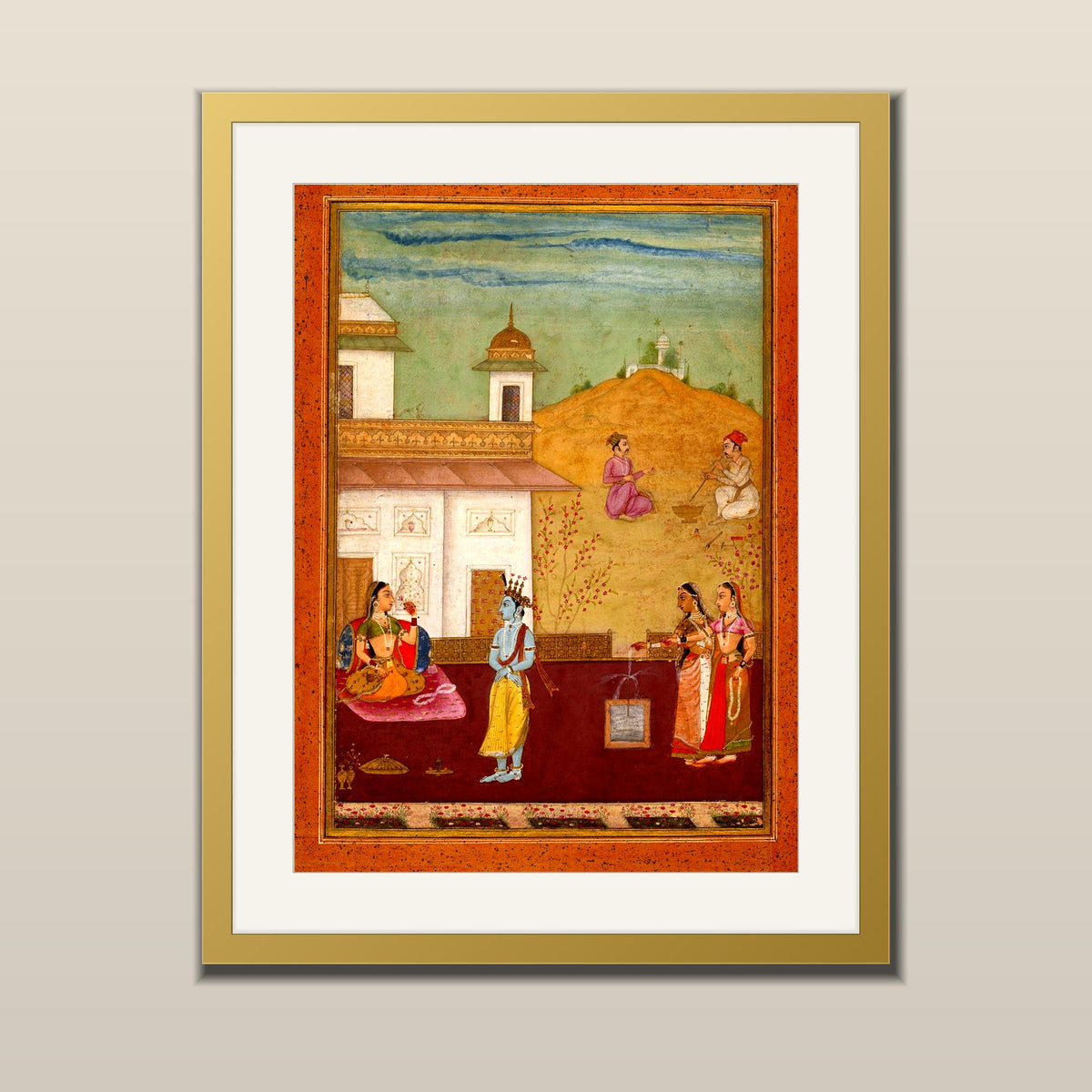 Krishna in the Palace Garden miniature art print in a gold metal frame with white mount