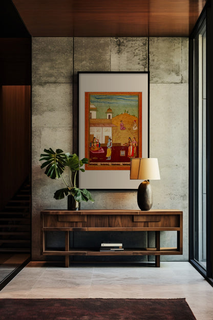 Krishna in the Palace Garden framed print above a walnut console in a concrete hallway