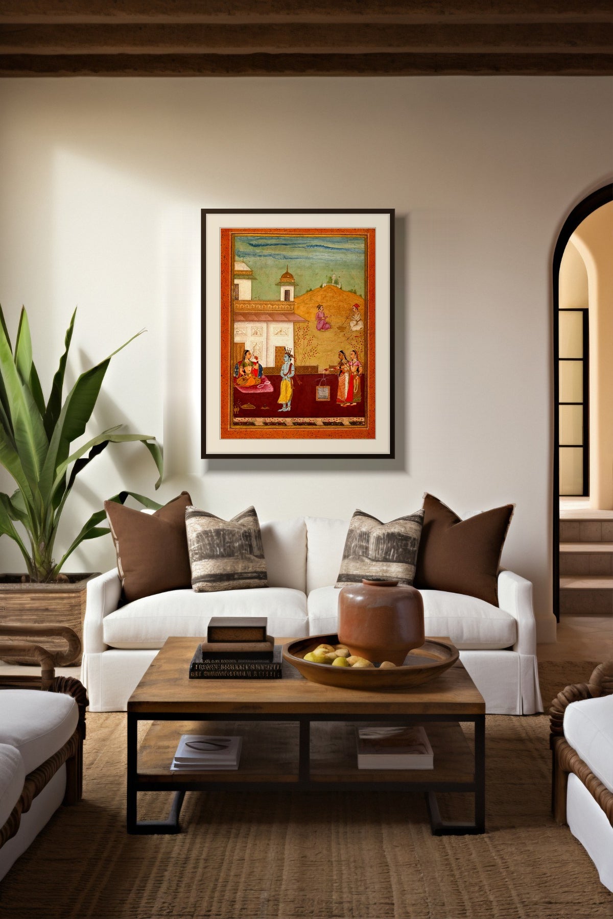 Krishna in the Palace Garden miniature print with white mount framed above a white sofa