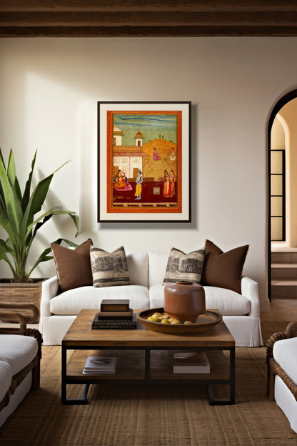Krishna in the Palace Garden miniature print with white mount framed above a white sofa