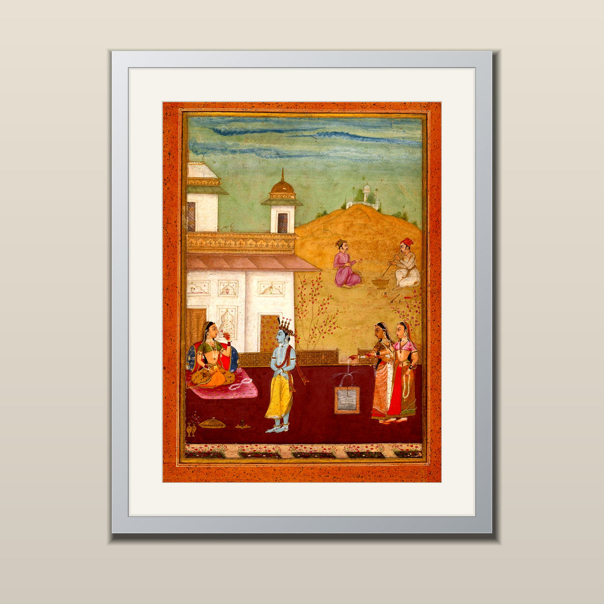 Krishna in the Palace Garden miniature art print in a silver metal frame with white mount
