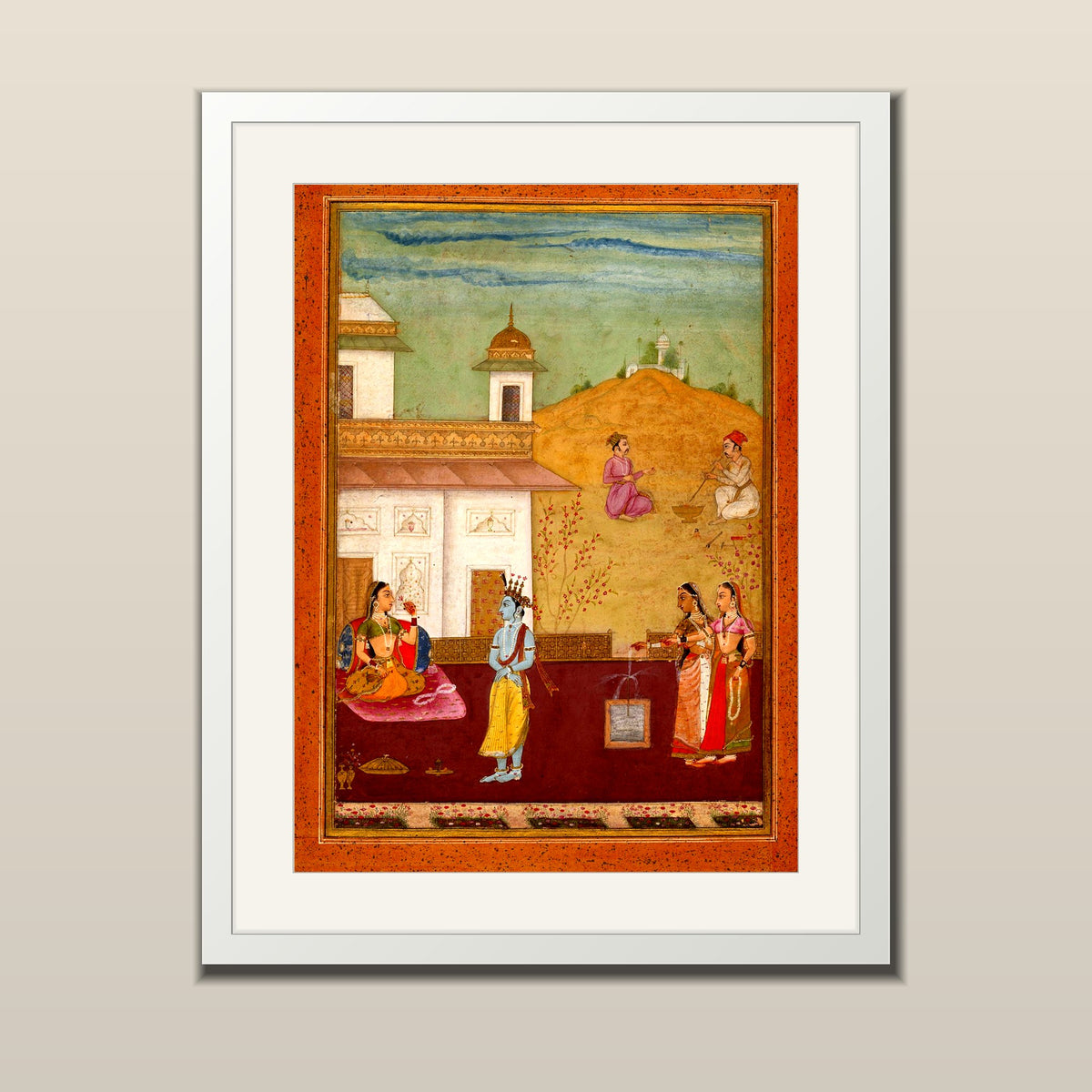 Krishna in the Palace Garden miniature art print in a white frame with white mount