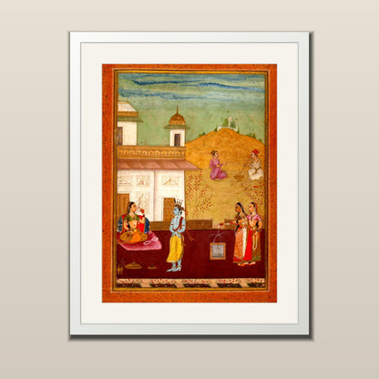 Krishna in the Palace Garden miniature art print in a white frame with white mount