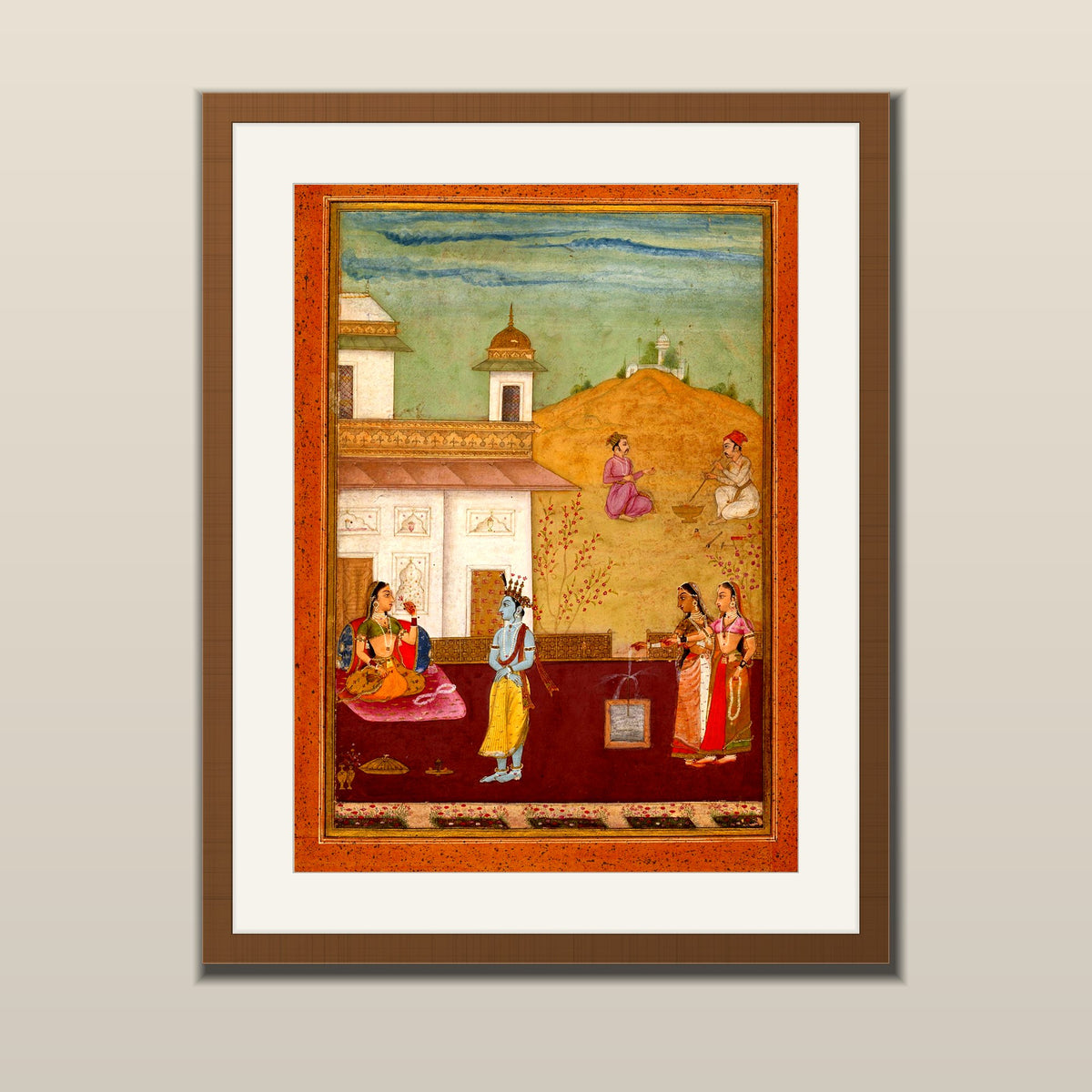 Krishna in the Palace Garden miniature art print in a wooden frame with white mount