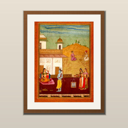 Krishna in the Palace Garden miniature art print in a wooden frame with white mount