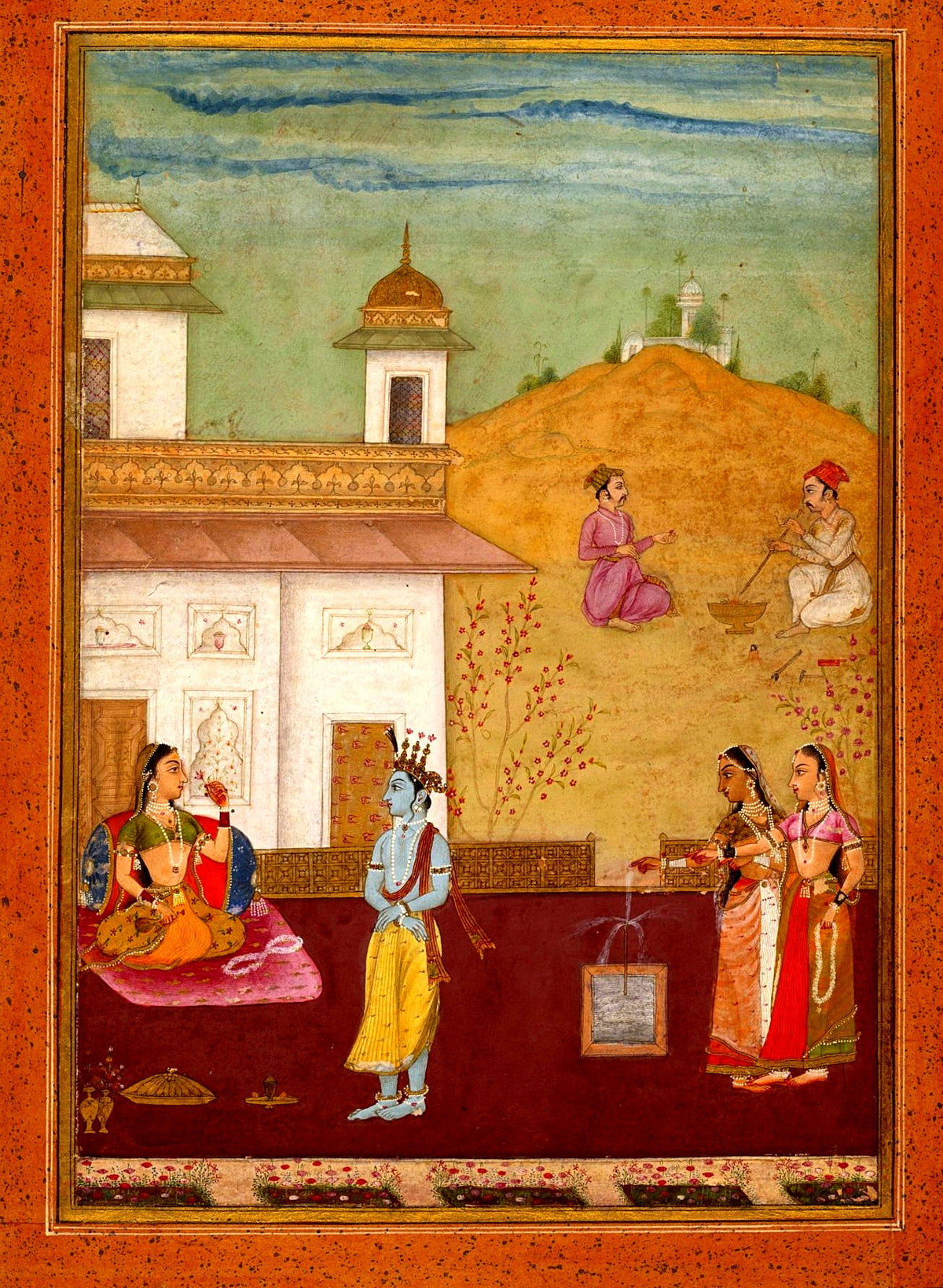 Full view of the miniature painting of blue-skinned Krishna with women beside a fountain on a palace terrace