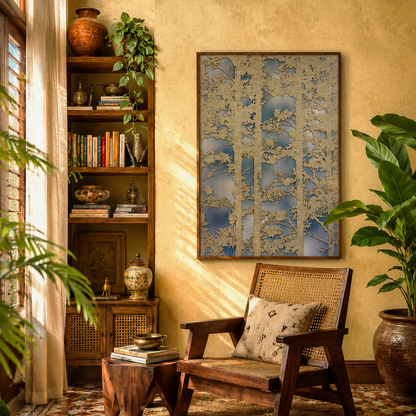 A framed vertical art print featuring a blue and beige tree design hangs on a textured beige wall in a warm, sunlit room. The room includes a wooden armchair with a woven cushion, a small wooden side table, a bookshelf, and potted plants.