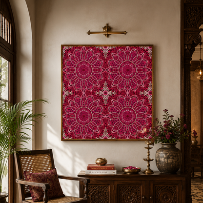 A large square framed wall art piece featuring a bright magenta and pink mandala pattern hangs on a beige wall in a styled interior room with a wooden chair, cabinet, plants, and patterned rug.
