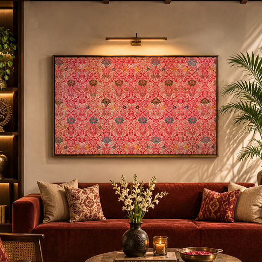 A large rectangular wall art piece with an intricate pink, red, and blue floral pattern hangs above a deep red velvet sofa in a styled living room with warm lighting, a brass coffee table, and decorative pillows.