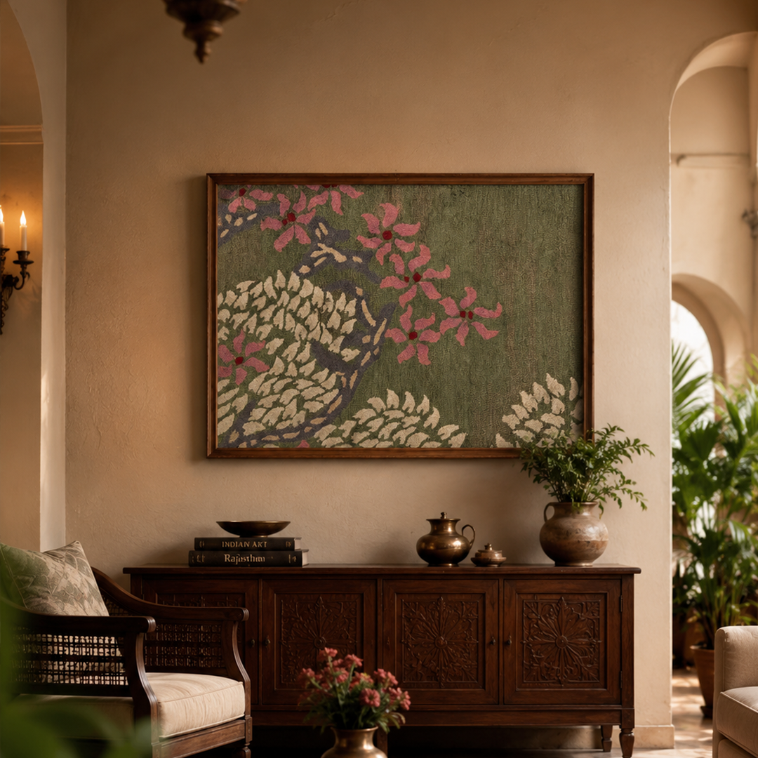 A framed wall art piece featuring a stylized peacock with pink and cream feathers on an olive green background, displayed in a warm, elegant living room above a dark wood console table.