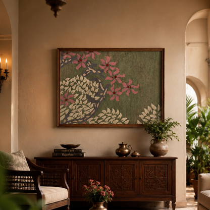 A framed wall art piece featuring a stylized peacock with pink and cream feathers on an olive green background, displayed in a warm, elegant living room above a dark wood console table.