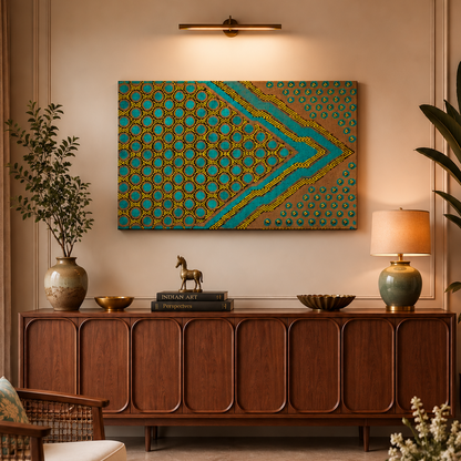 A mid-century modern living room featuring a vibrant teal and gold geometric canvas print on the wall above a dark wood credenza.