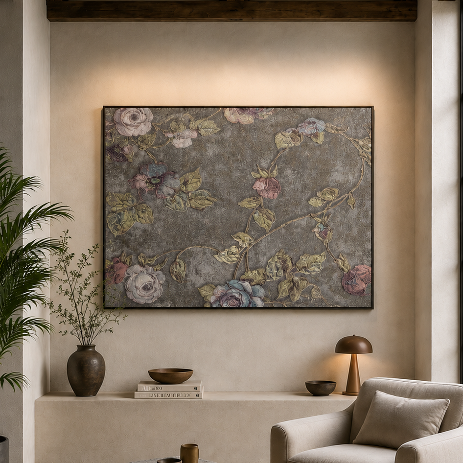 A large rectangular floral wall art piece with a distressed gray background and pastel flowers hangs on a beige wall in a styled living room with a cream armchair, stone coffee table, potted plant, and large window.