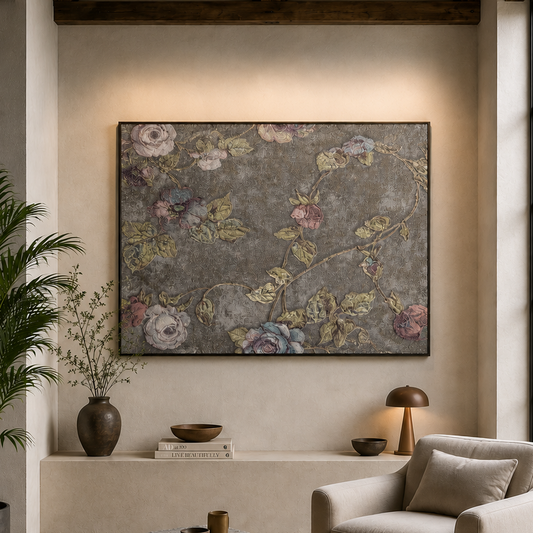 A large rectangular floral wall art piece with a distressed gray background and pastel flowers hangs on a beige wall in a styled living room with a cream armchair, stone coffee table, potted plant, and large window.