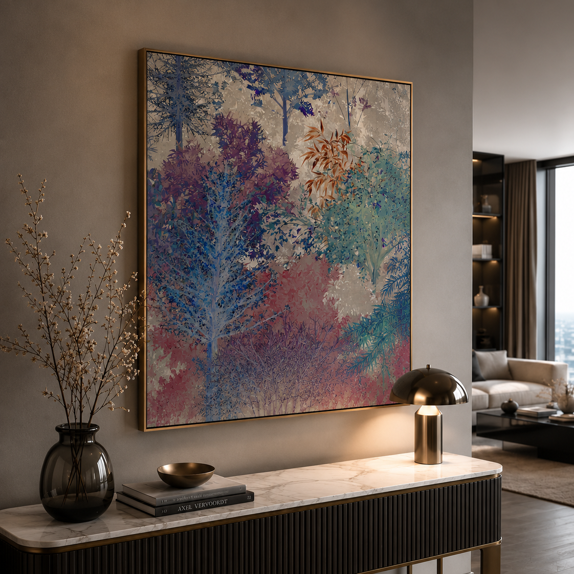 A large framed abstract forest painting in shades of blue, purple, and red hangs on a beige wall above a console table in a modern living room setting.