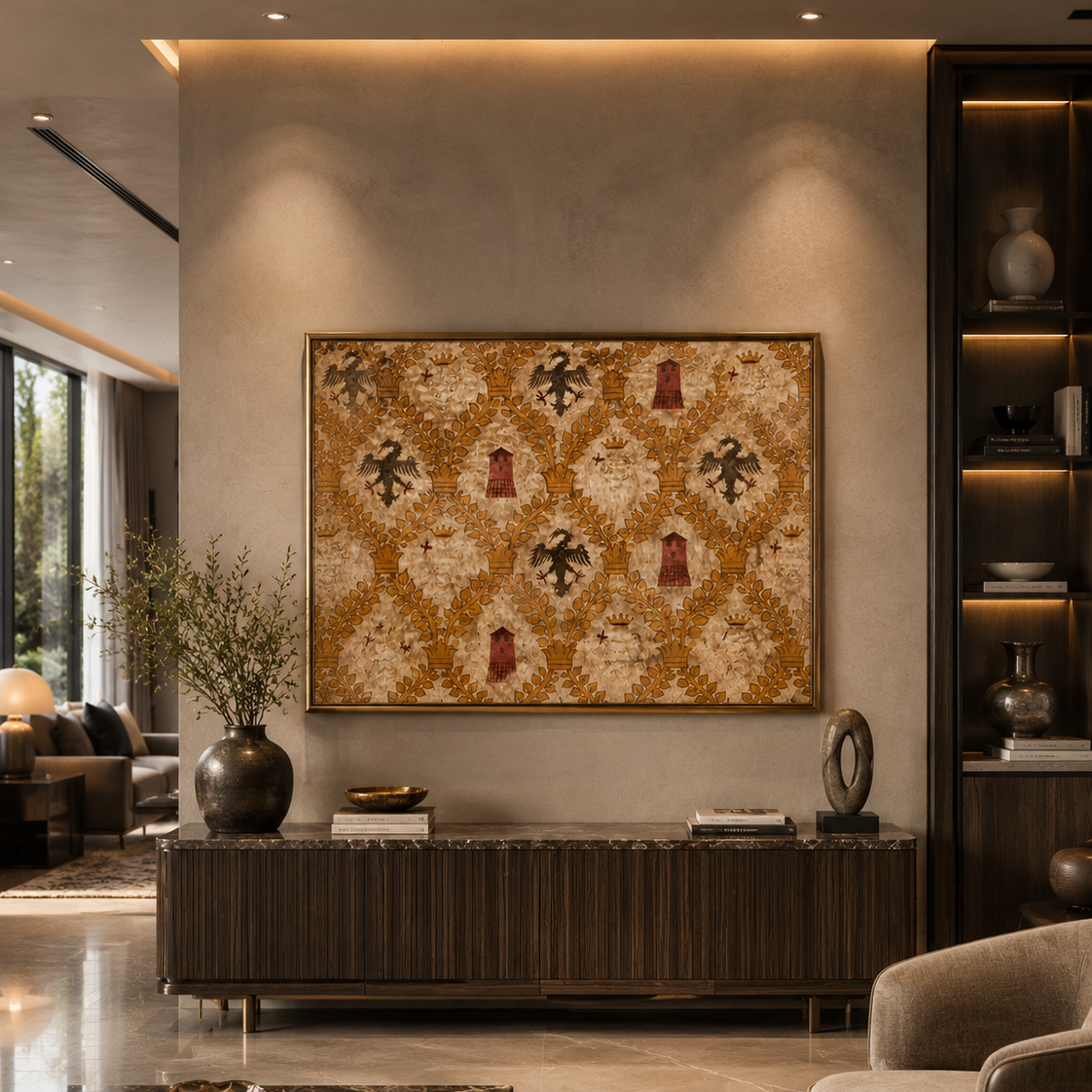 A large framed wall art piece with an ornate beige, gold, and brown damask pattern hangs above a dark wood console in a modern, elegantly decorated living room.