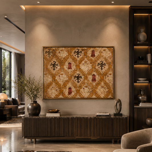 A large framed wall art piece with an ornate beige, gold, and brown damask pattern hangs above a dark wood console in a modern, elegantly decorated living room.