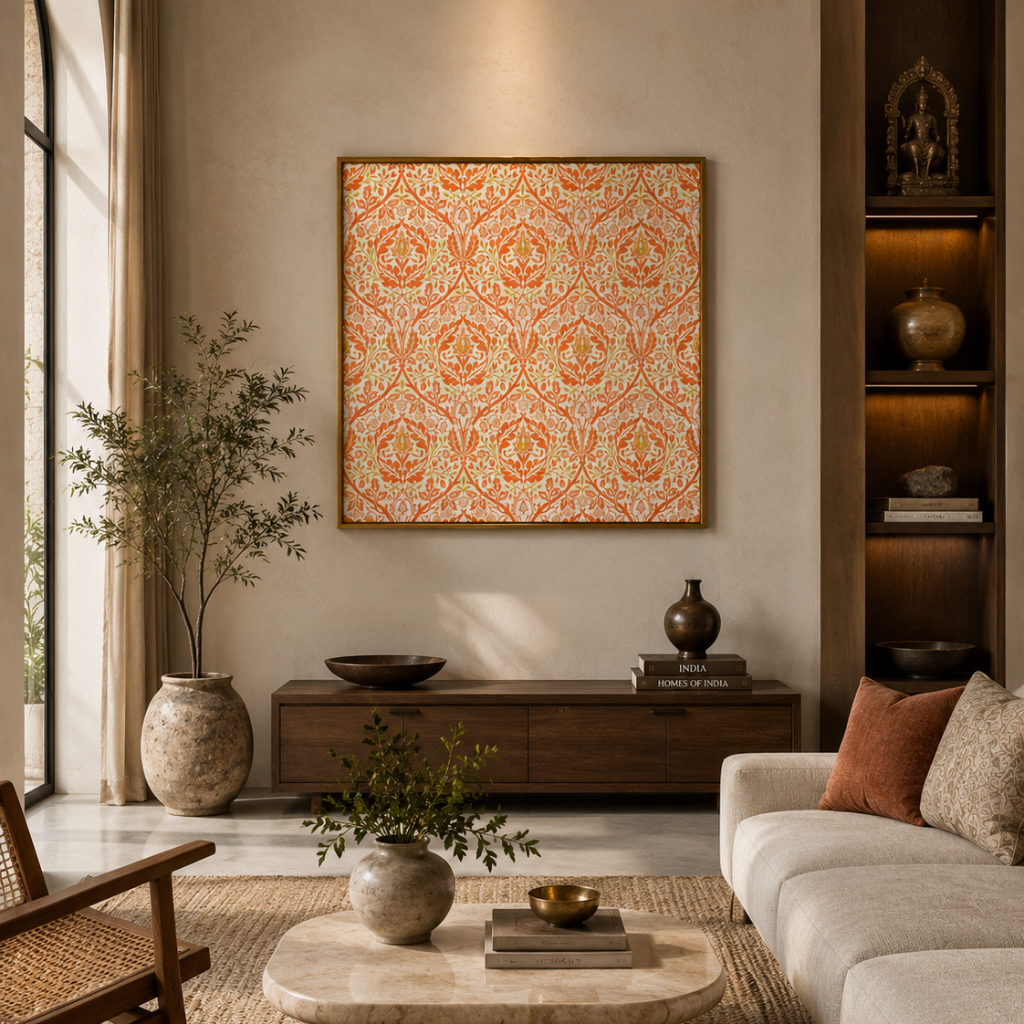 A square framed wall art print with an intricate orange and beige damask pattern, displayed in a modern, warm-toned living room setting above a dark wood console table.