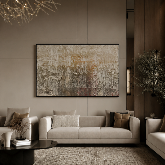 A large framed abstract canvas print with textured brushstrokes in beige, brown, and muted gold tones, displayed on a beige paneled wall in a modern living room setting above a light-colored sofa.