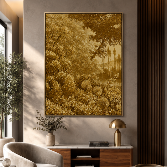 A large framed wall art print depicting a dense golden forest scene, displayed in a modern living room setting above a wooden console table.
