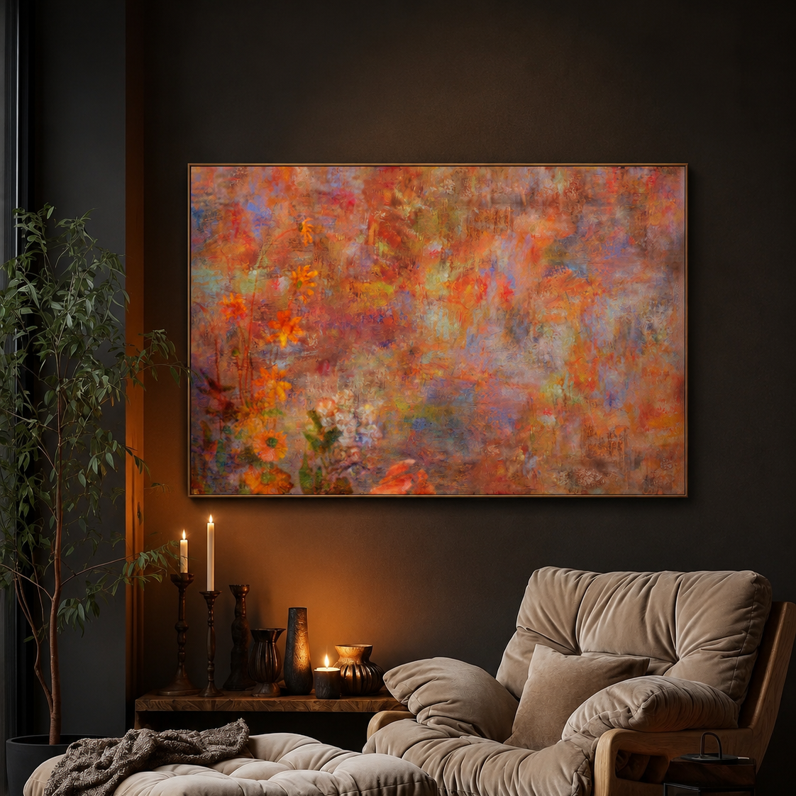 A large framed abstract canvas painting with vibrant orange, red, pink, and purple brushstrokes hangs on a dark wall above a cozy beige armchair and matching ottoman in a warmly lit living room.
