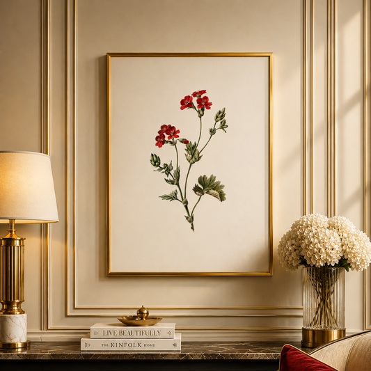 A framed botanical art print featuring red flowers and green leaves on an off-white background, hung on a beige paneled wall above a console table in a styled living room setting.