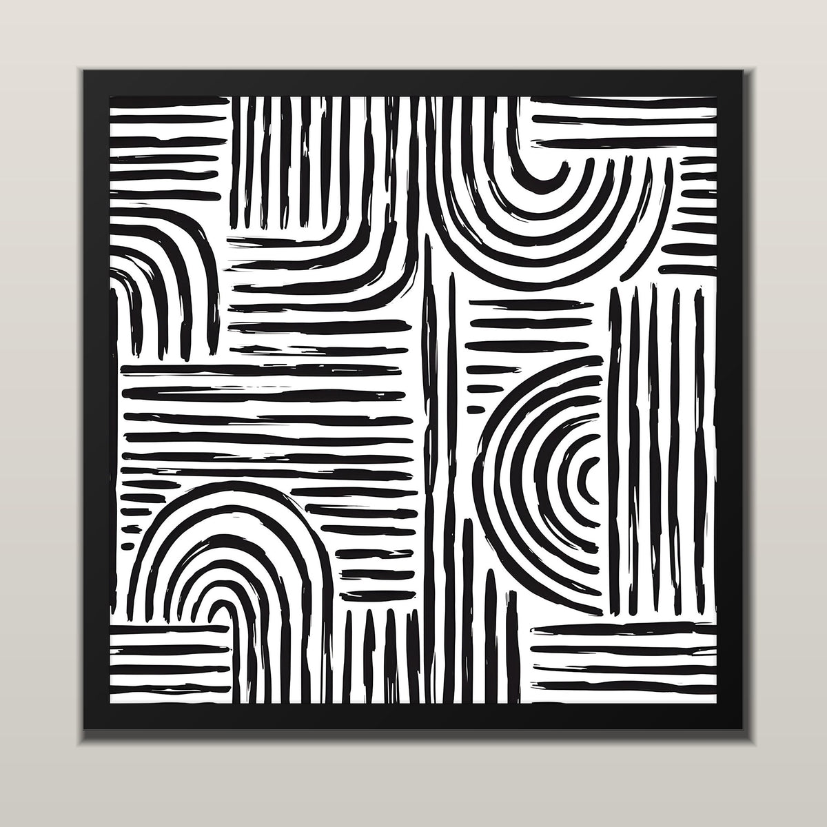 Monochrome Arches abstract line art print with black arches and stripes, in a black frame