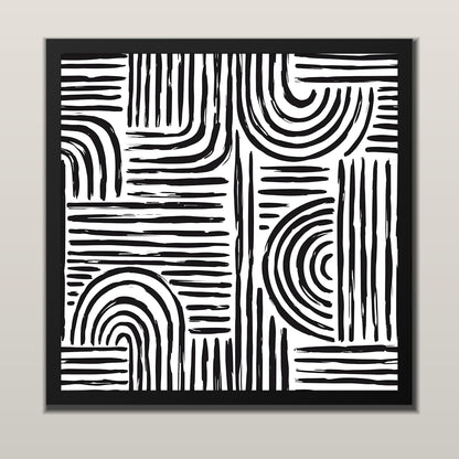 Monochrome Arches abstract line art print with black arches and stripes, in a black frame