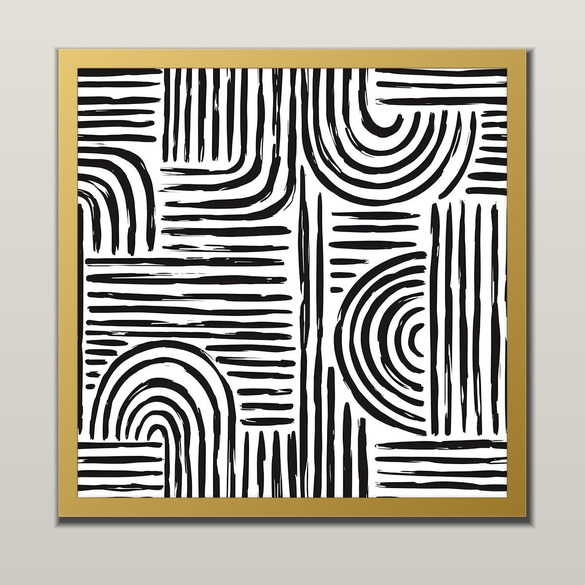Monochrome Arches abstract line art print in a gold metal frame