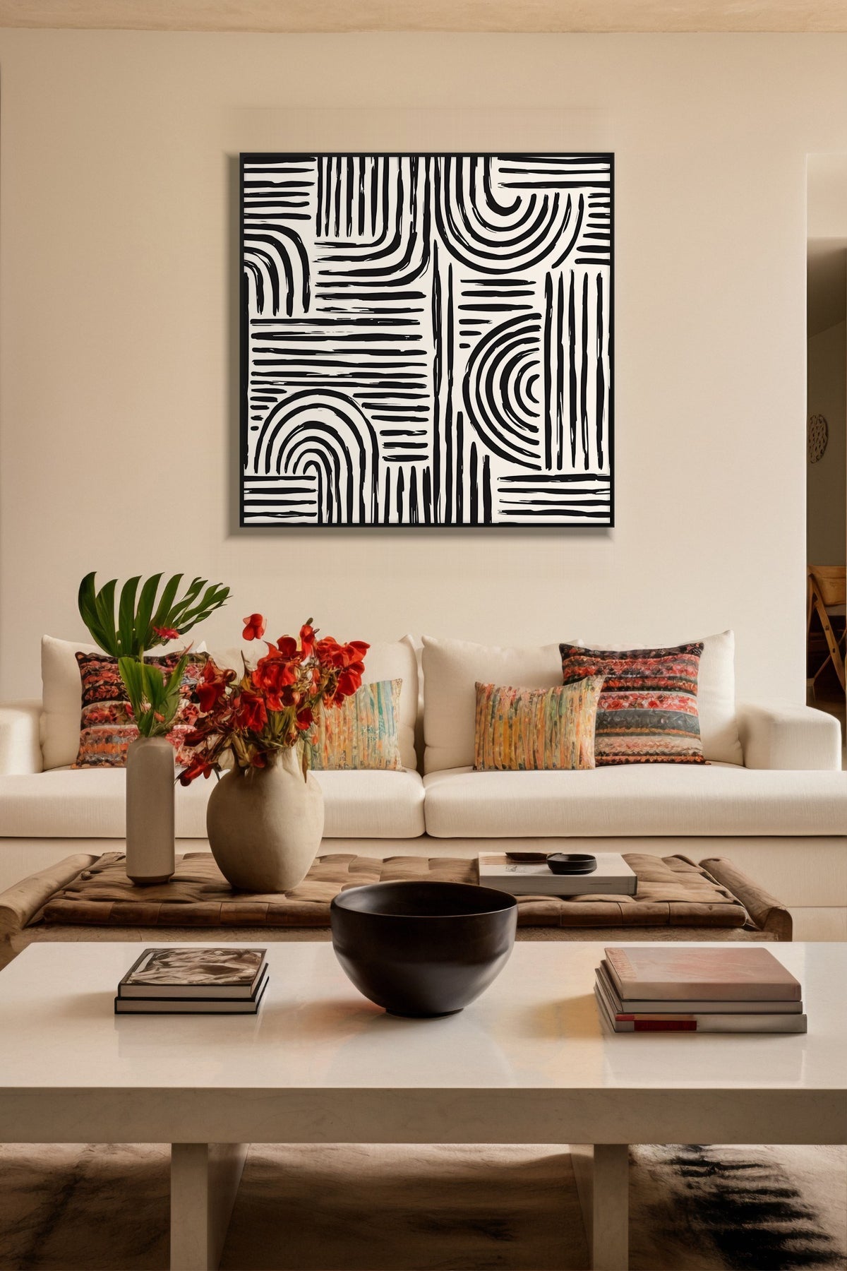 Monochrome Arches black and white print in a black frame above a cream sofa
