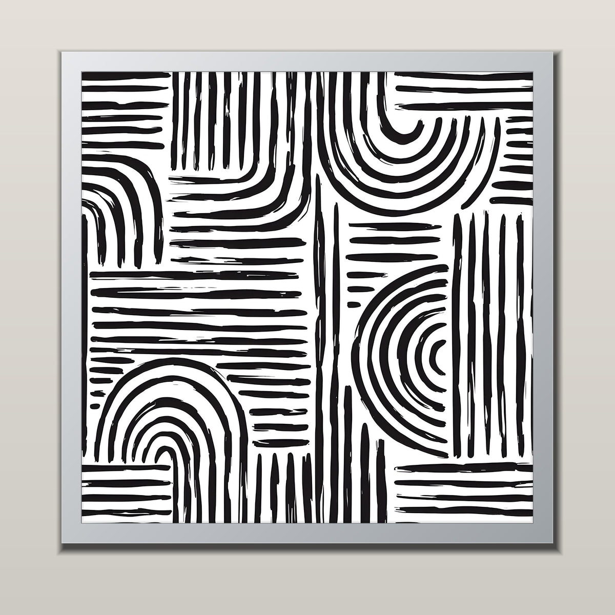 Monochrome Arches abstract line art print in a silver metal frame